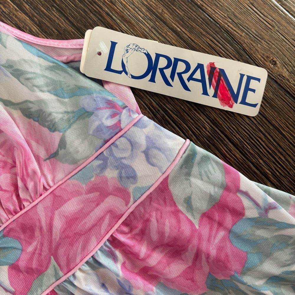 Vtg Lorraine Empire Waist Plunge Neck Maxi Nightgown Slip Dress Sz M Pink Floral - Picture 6 of 13